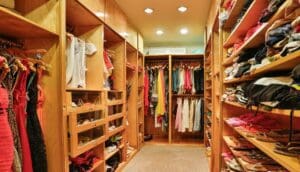 A walk in closet with many shoes and clothes.